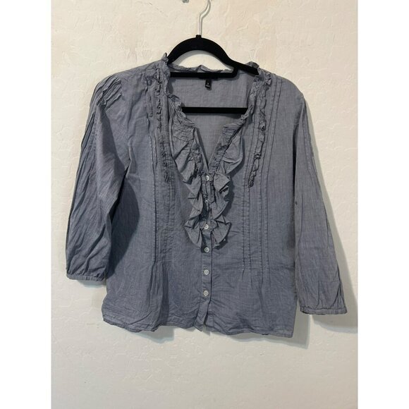 Talbot's Sz 6 Lightweight Chambray Blouse 3/4 Sleeves Ruffle Detail Button Front - Picture 1 of 7